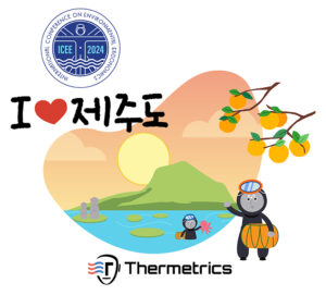 A cartoon image of an island surrounded by water. There are two divers. There is a logo the reads ICEE 2024, writing in Korean and text that reads "Thermetrics."