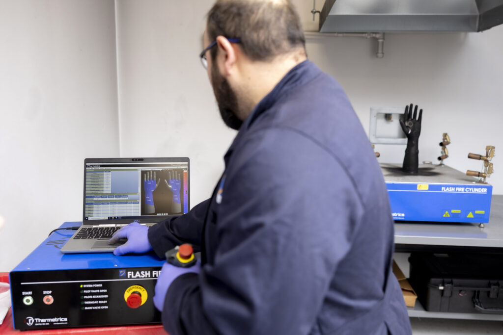 Photo of Thermetrics Flash Fire Hand system installed at the ArcWear lab for PPE testing